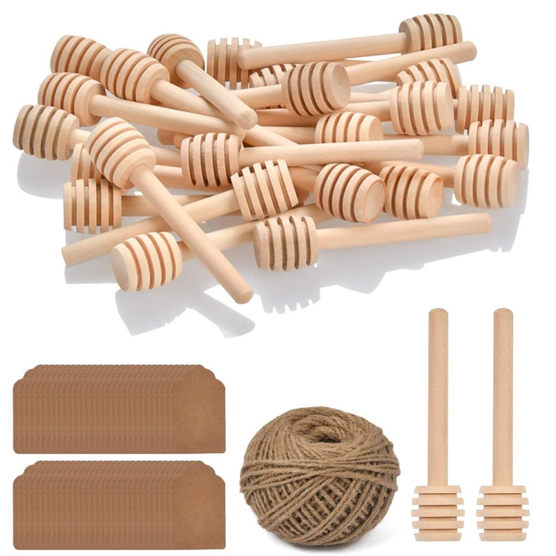 FOCCTS 100pcs Honey Dipper Sticks, 3 inch Wooden Honey Dipper Honey Stirrers Honey Spoon with Natural Jute Twine Kraft Paper Tags for Honey Jar Dispense Drizzle Honey Wedding Party Favors Honey Server - Image 1